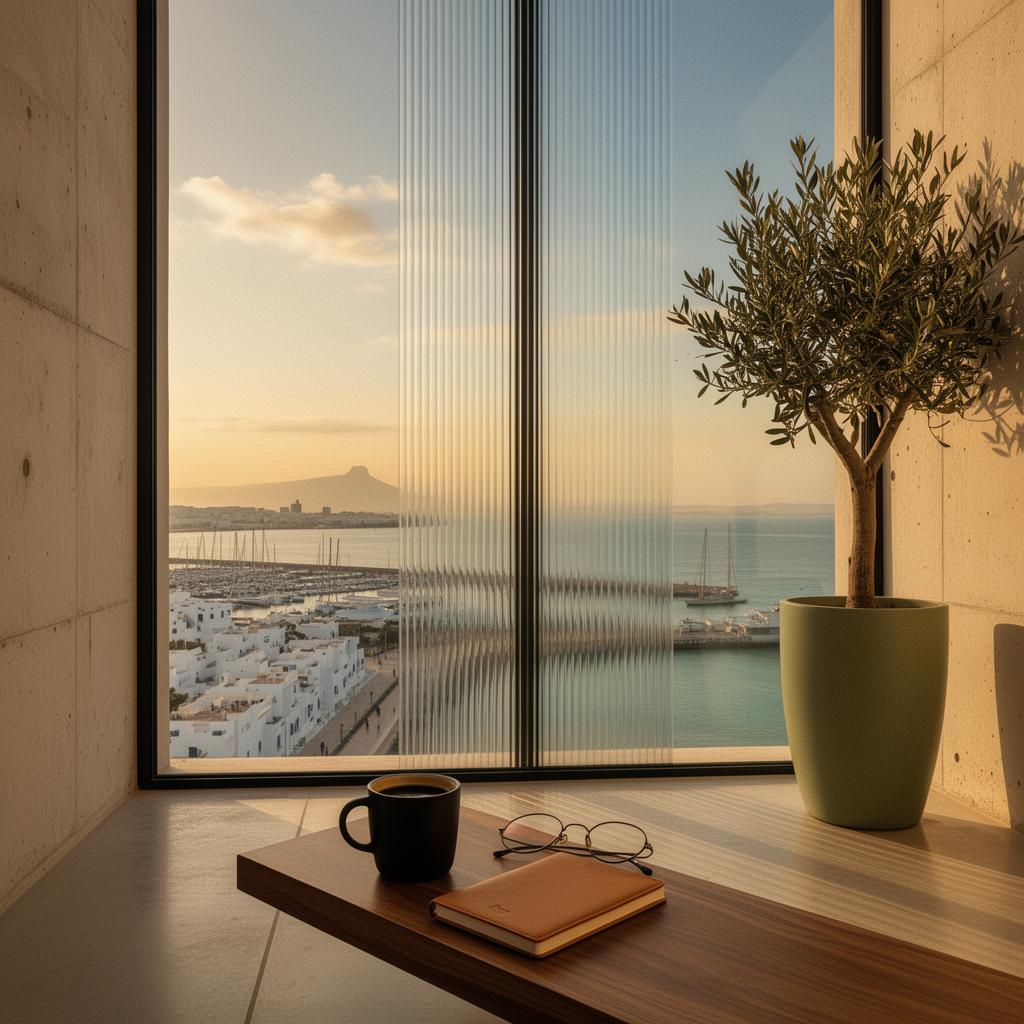 Patio marocain ouvert sur la mer — vue depuis Tanger